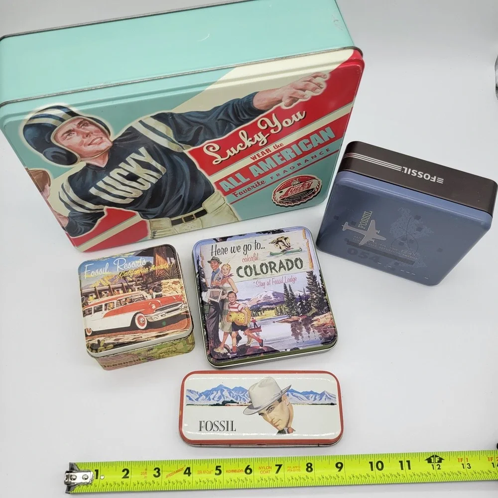 Lot of 4 Fossil Watch Collector Tins + Lucky Brand Football Tin Empty Set